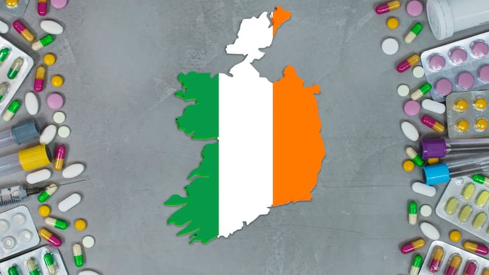 Map of Ireland with medicines in the background