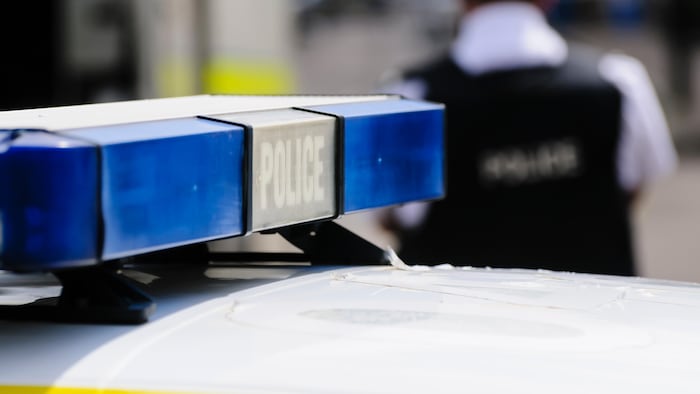 Police lights on a car with police officer in background