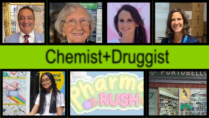 A green background with black text saying chemist+druggist, plus 7 pictures around it of different people