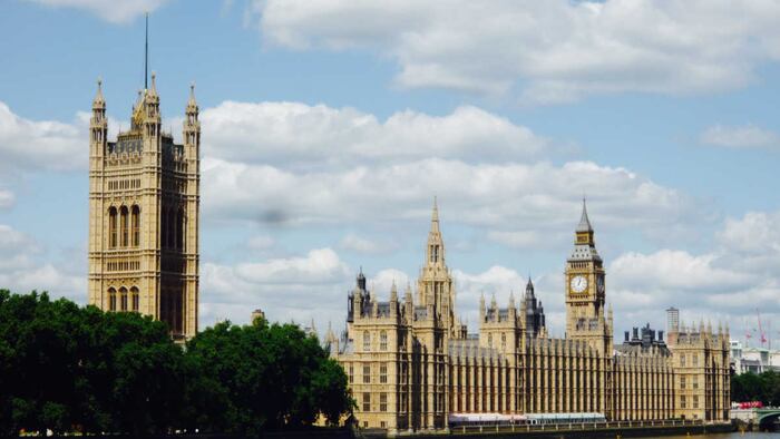 The Houses of Parliament, or Palace of Westminster, on the River Thames in London, the meeting place of the House of Commons and House of Lords,