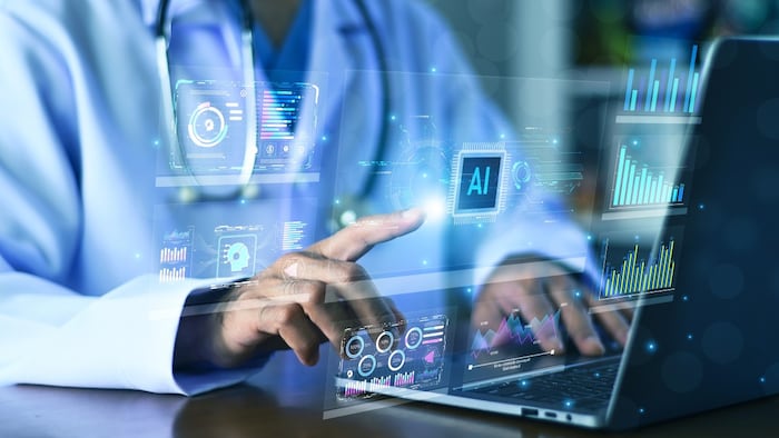 Doctor Working with AI Data Analytics Interface on Laptop for Digital Healthcare System