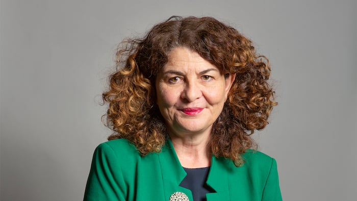 A white woman with curly ginger hair smiles at the camera wearing red lipstick and a green smart jacket in front of a grey background