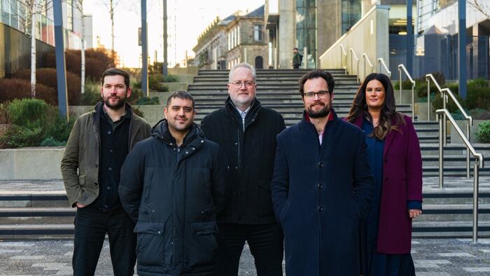 Phlo Senior Leadership Team (From left to right, James Maciver, CTO, Nadeem Sarwar, Founder and CEO, Dr Jonathan Forbes, Chief Data Officer, Adam Hunter, CCO, Lauren Nicholson, CFO)