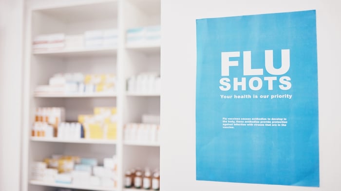 Pharmacy with sign saying flu shot.